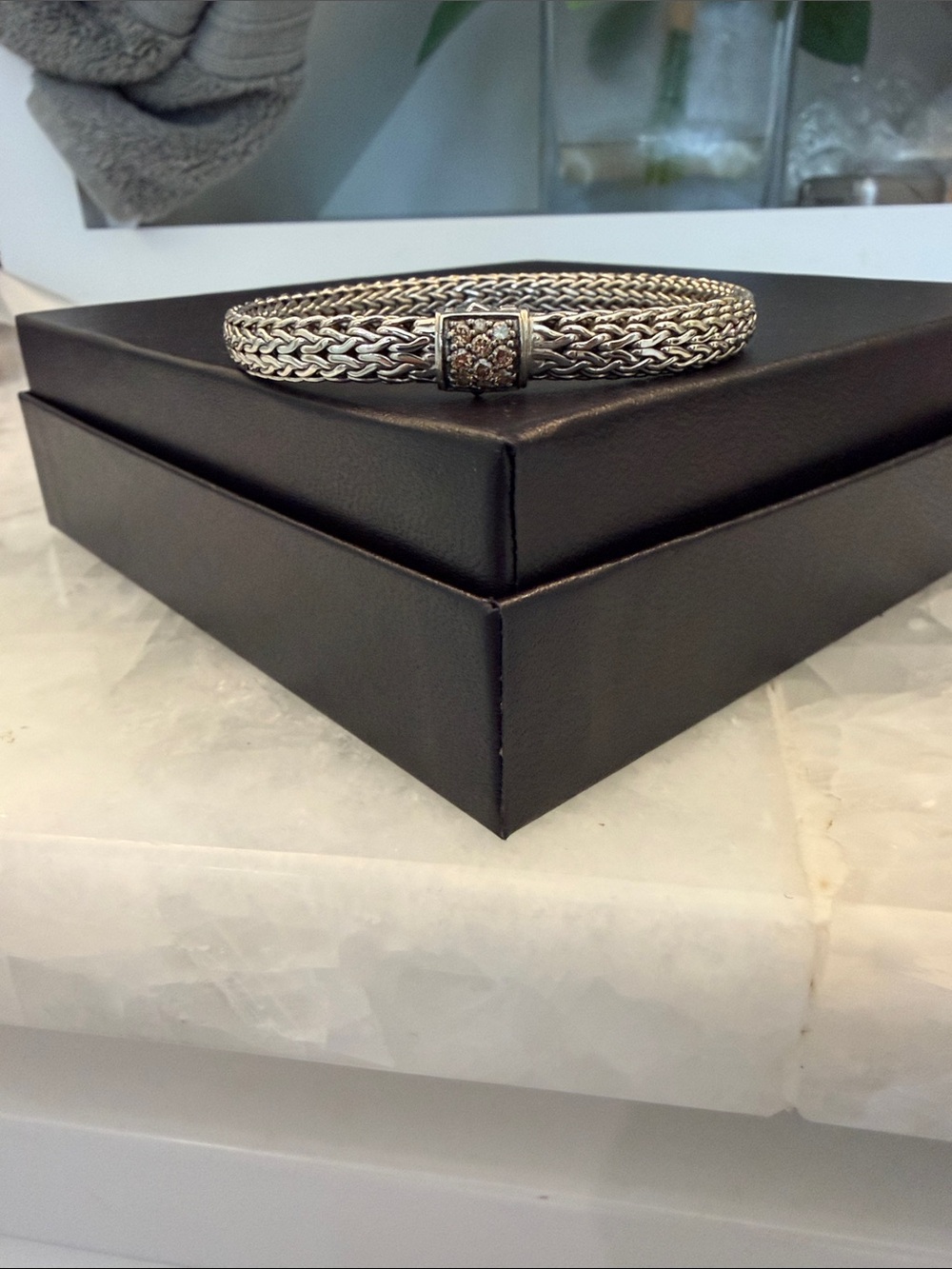 John Hardy Silver Woven Bracelet with Pavé Clasp
